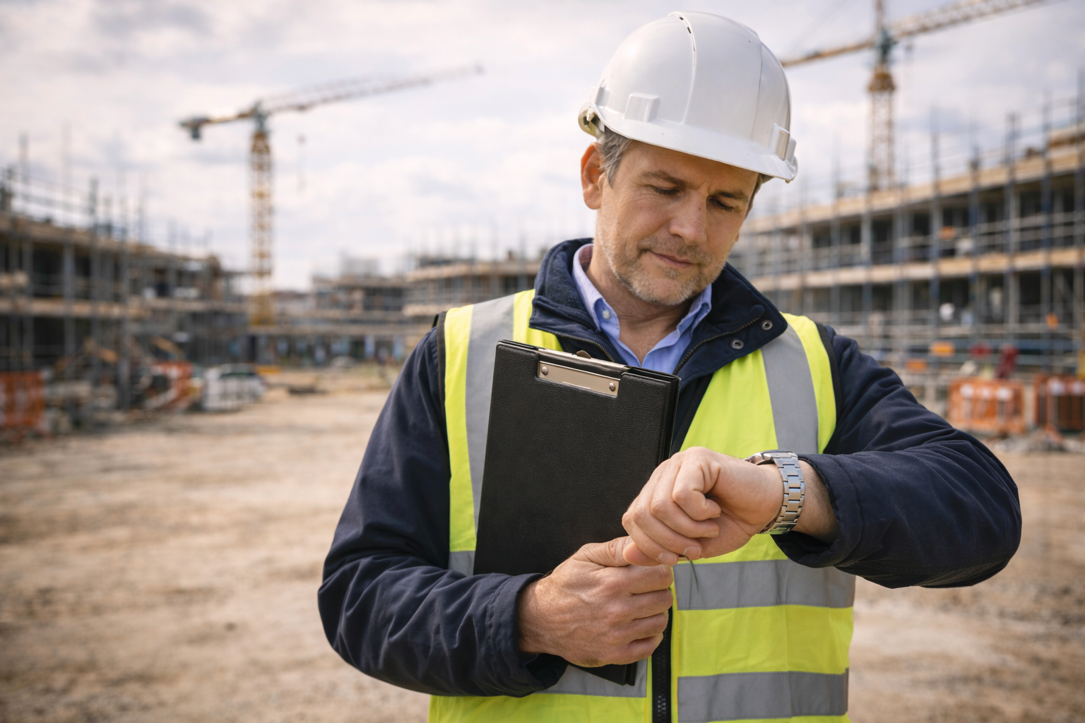 Construction site manager checking time on a UK building site representing NVQ Level 6 completion duration