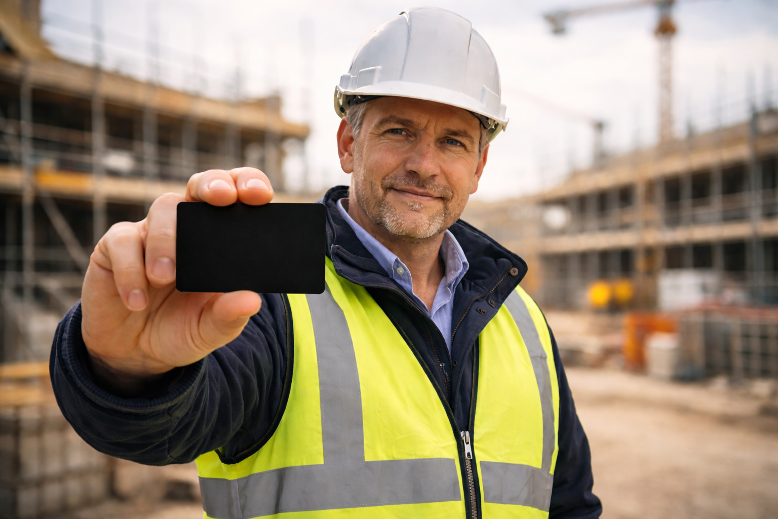 Black CSCS Manager card alongside a hard hat and construction blueprints representing construction site management qualifications