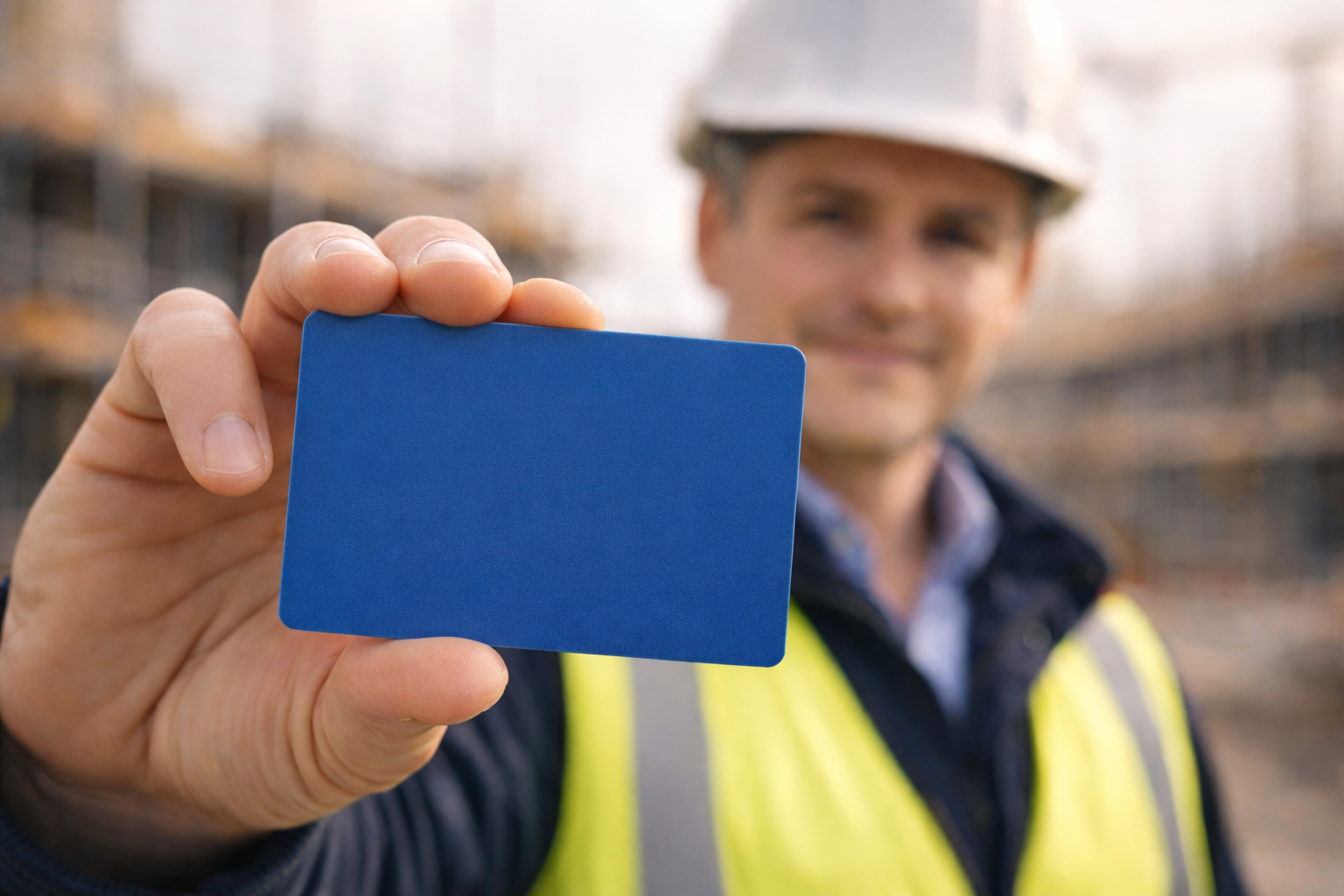 Blue CSCS skilled worker card held by a construction worker on a UK building site