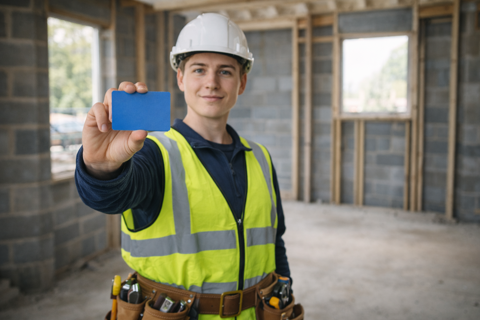 Qualified tradesperson holding a blue CSCS Skilled Worker card on a construction site