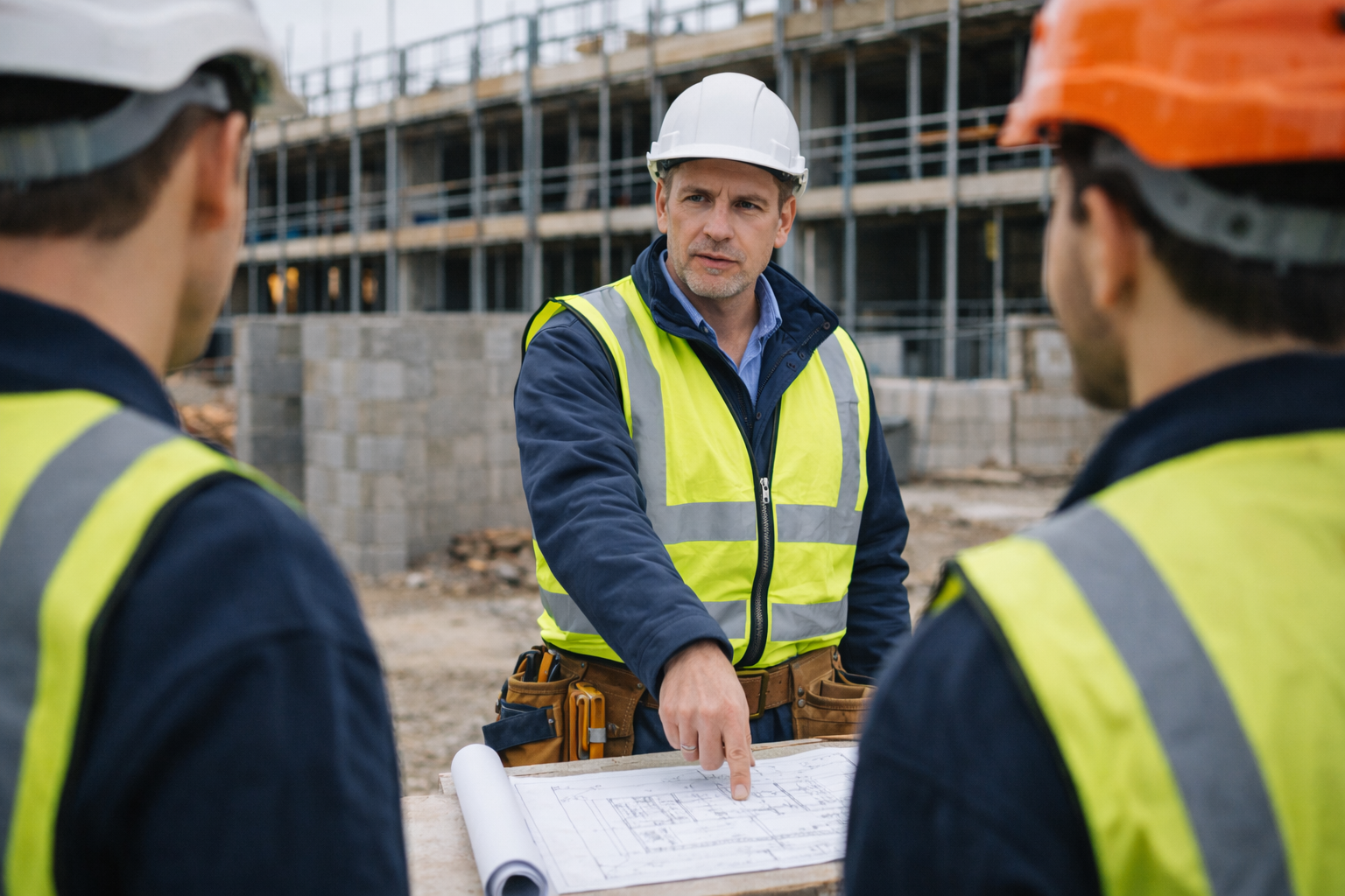 Construction site supervisor with a gold CSCS card briefing a team of workers