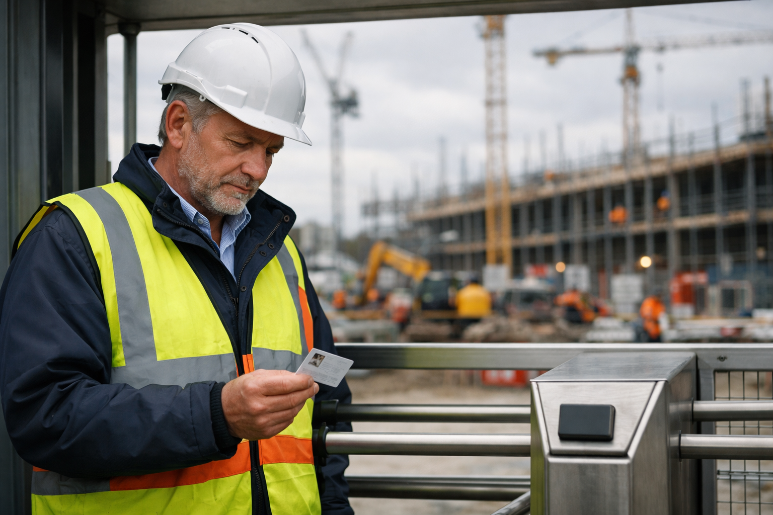 Construction site manager holding an expired CSCS card at a site entrance turnstile