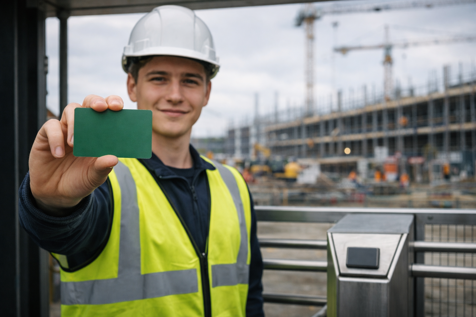 Young construction worker holding a green CSCS card on a building site