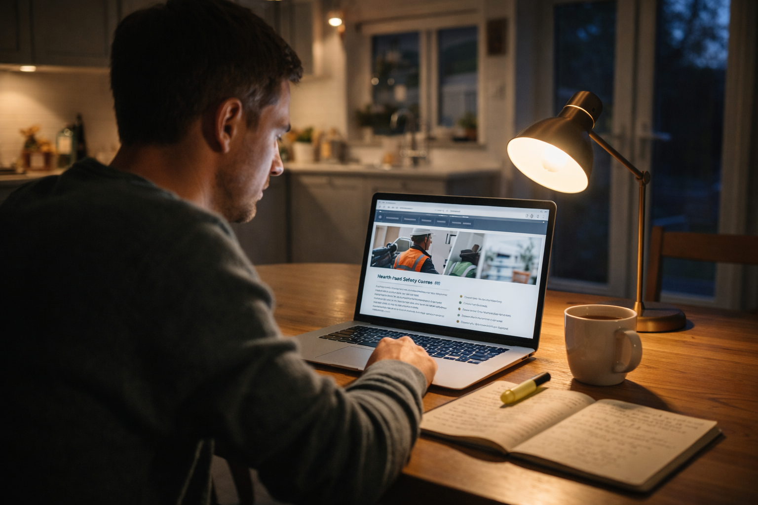 Person studying for the NEBOSH General Certificate on a laptop with health and safety notes