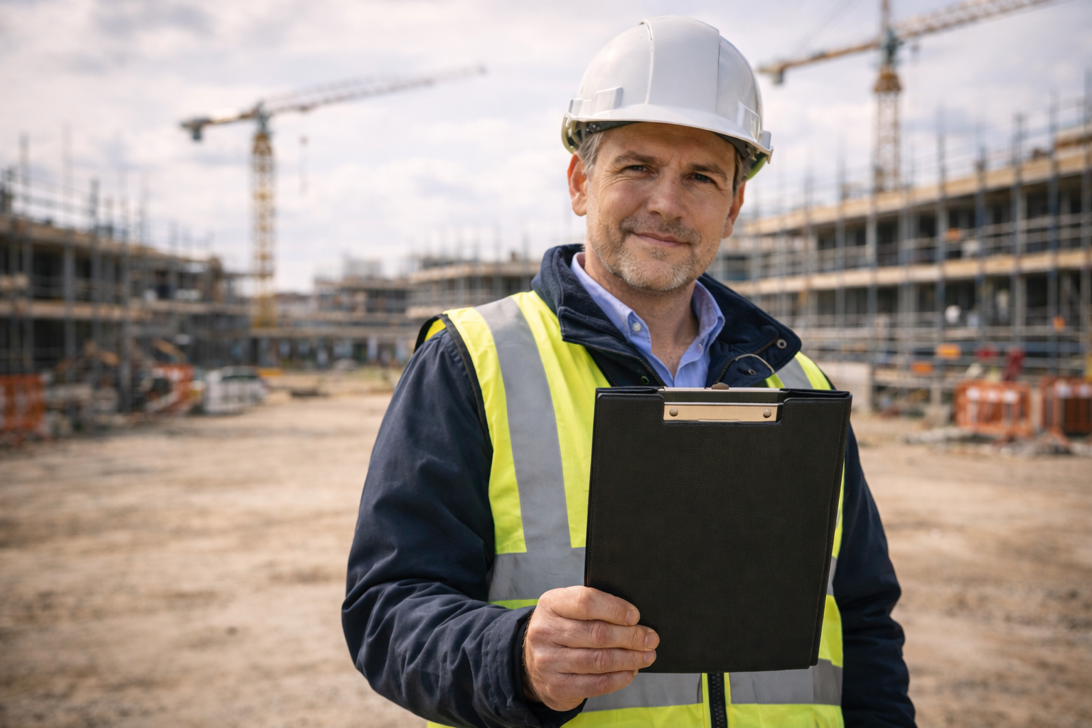 Construction site manager with NVQ Level 6 qualification on a UK building site